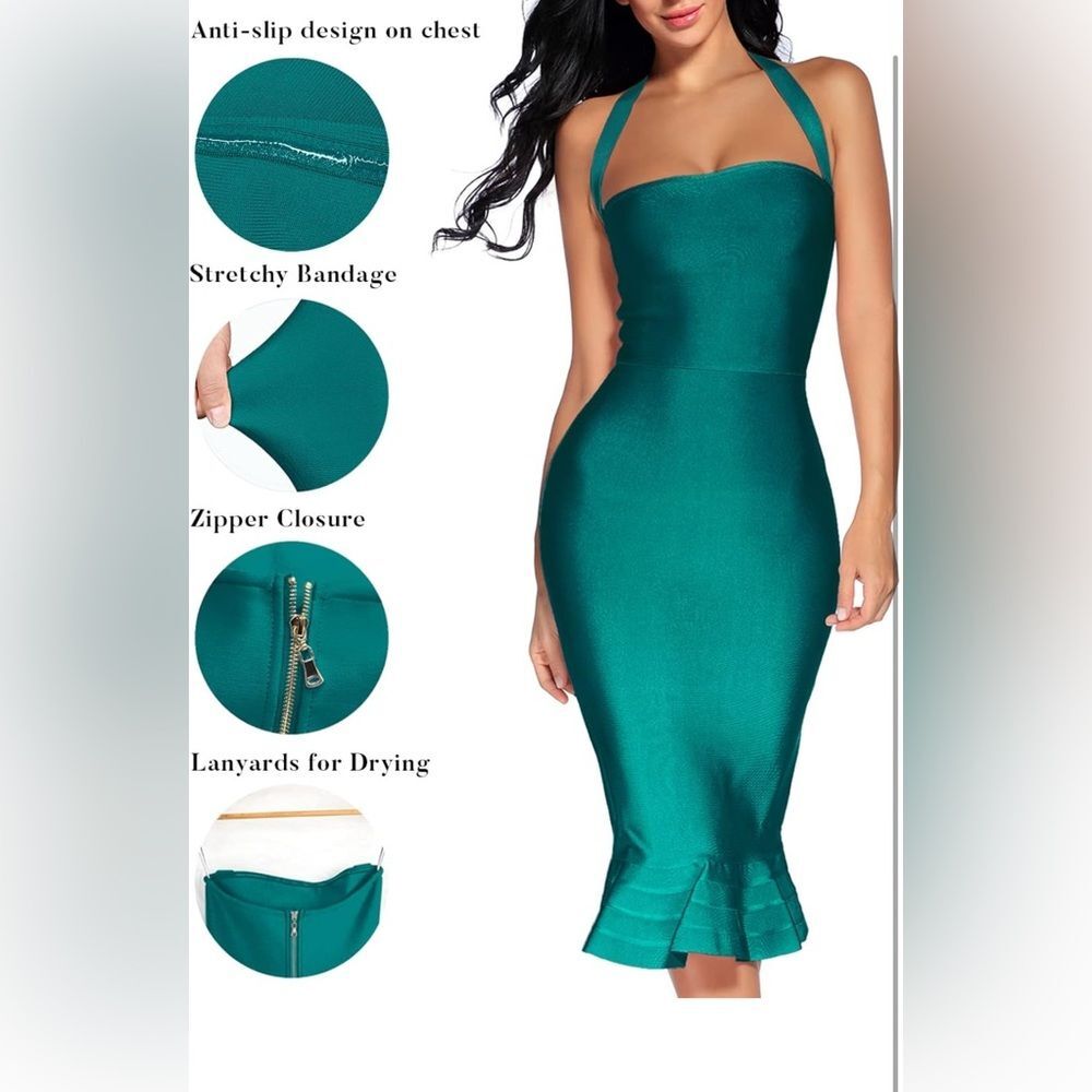 Women's V Neck Halter Fishtail Bandage Bodycon Dress L EUC peacock green - Picture 4 of 14